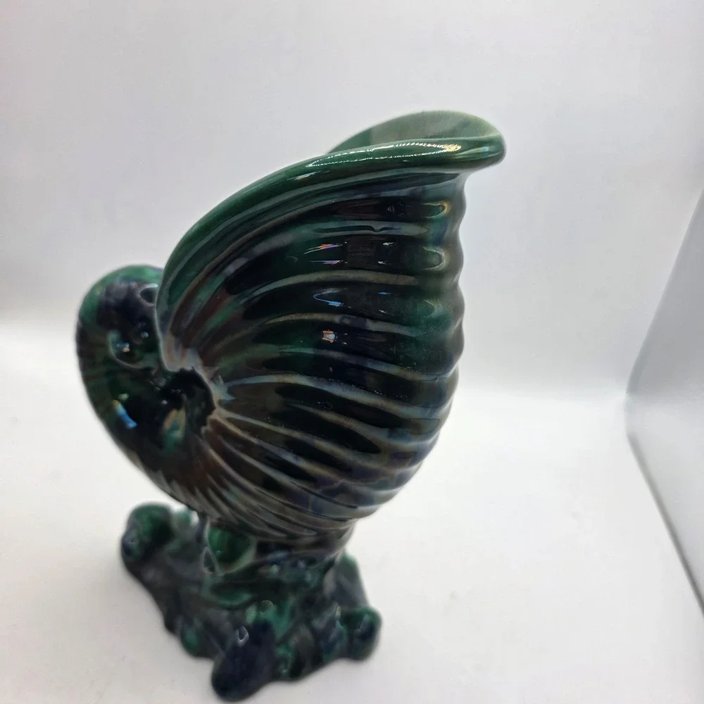 Vintage Iridescent Green Nautilus Shell Vase Ceramic Luster Coastal Art Pottery